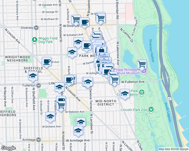 map of restaurants, bars, coffee shops, grocery stores, and more near 559 West Arlington Place in Chicago