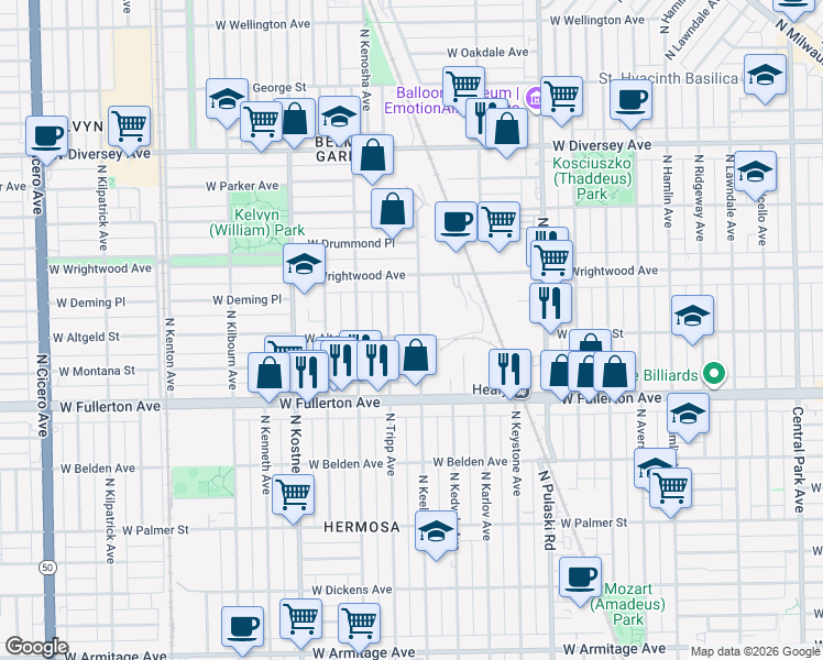 map of restaurants, bars, coffee shops, grocery stores, and more near 2504 North Keeler Avenue in Chicago