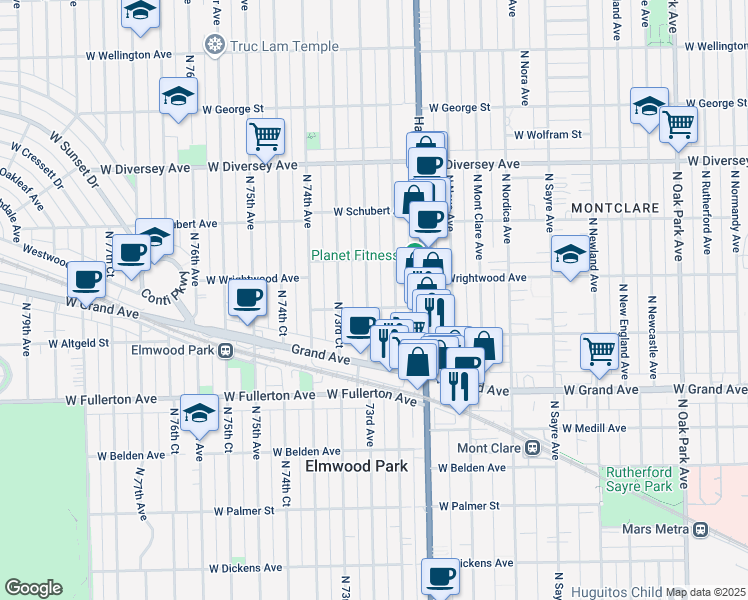map of restaurants, bars, coffee shops, grocery stores, and more near 2529 73rd Avenue in Chicago