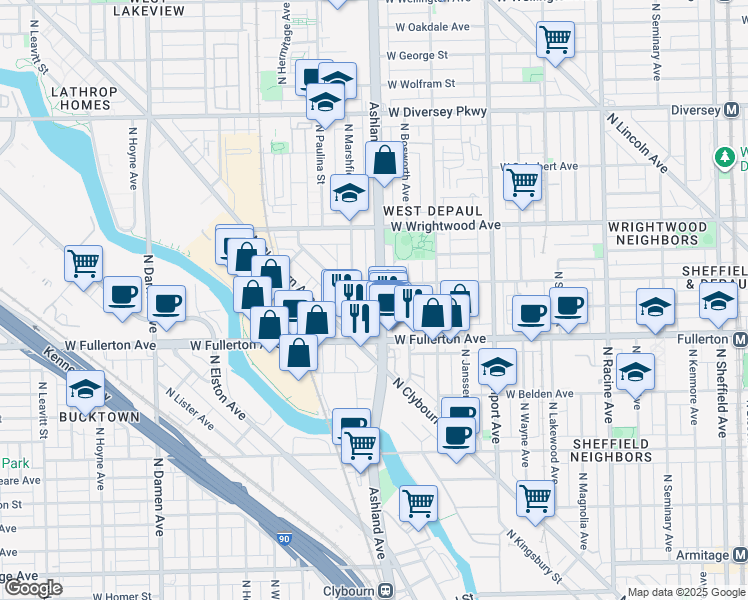 map of restaurants, bars, coffee shops, grocery stores, and more near 2439 North Marshfield Avenue in Chicago
