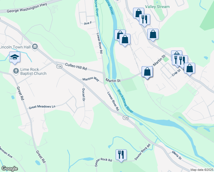 map of restaurants, bars, coffee shops, grocery stores, and more near 701 Lower River Road in Lincoln