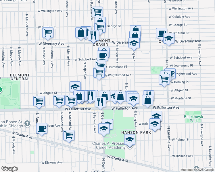 map of restaurants, bars, coffee shops, grocery stores, and more near 2518 North Luna Avenue in Chicago