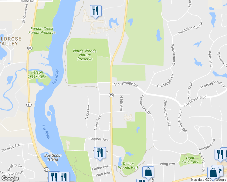 map of restaurants, bars, coffee shops, grocery stores, and more near 1110 North 5th Avenue in St. Charles