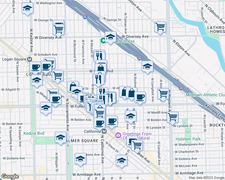 map of restaurants, bars, coffee shops, grocery stores, and more near 2457 North Fairfield Avenue in Chicago