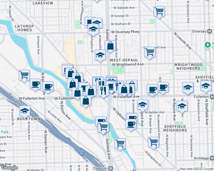 map of restaurants, bars, coffee shops, grocery stores, and more near 2439 North Marshfield Avenue in Chicago
