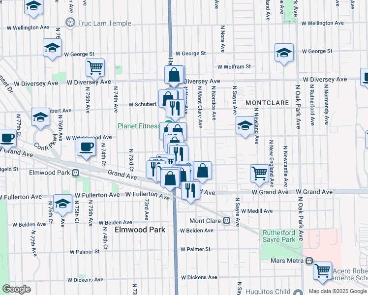 map of restaurants, bars, coffee shops, grocery stores, and more near 2536 North Neva Avenue in Chicago