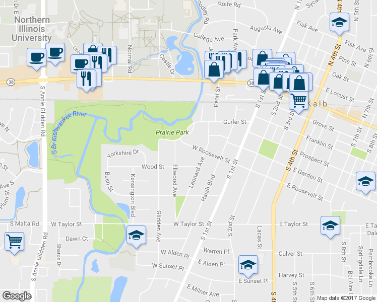 map of restaurants, bars, coffee shops, grocery stores, and more near 334 West Roosevelt Street in DeKalb
