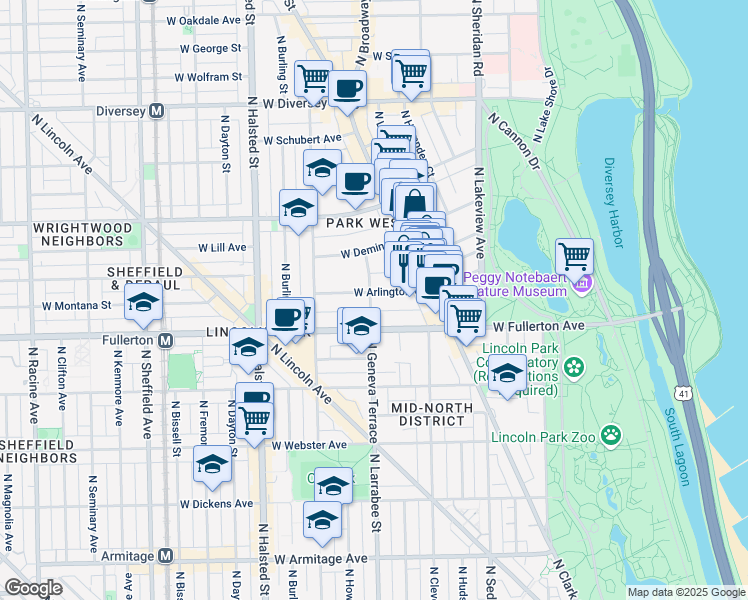 map of restaurants, bars, coffee shops, grocery stores, and more near 559 West Arlington Place in Chicago
