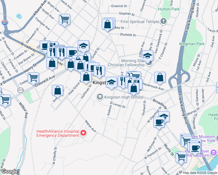 map of restaurants, bars, coffee shops, grocery stores, and more near 399 Broadway in Kingston
