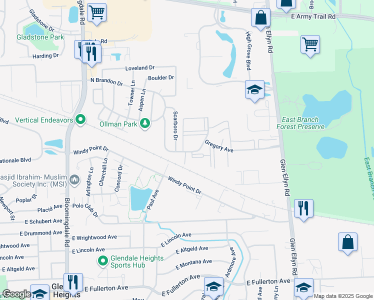 map of restaurants, bars, coffee shops, grocery stores, and more near 410 Gregory Avenue in Glendale Heights