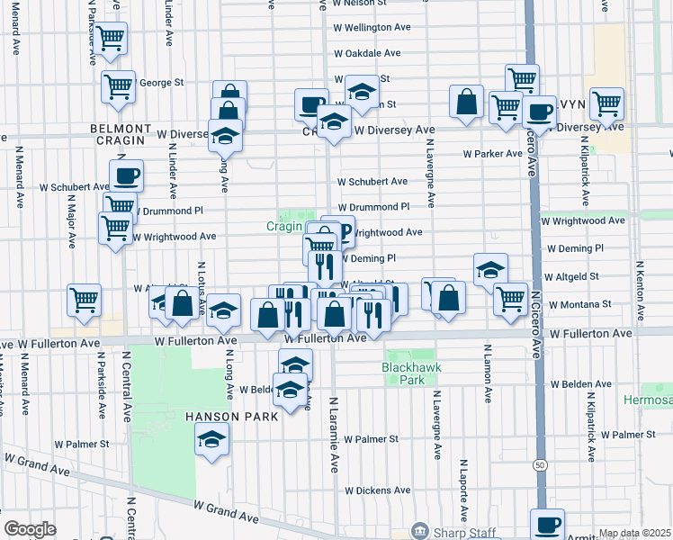 map of restaurants, bars, coffee shops, grocery stores, and more near 2515 North Laramie Avenue in Chicago
