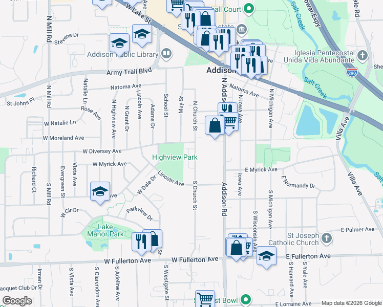 map of restaurants, bars, coffee shops, grocery stores, and more near 59 Ruga Court in Addison