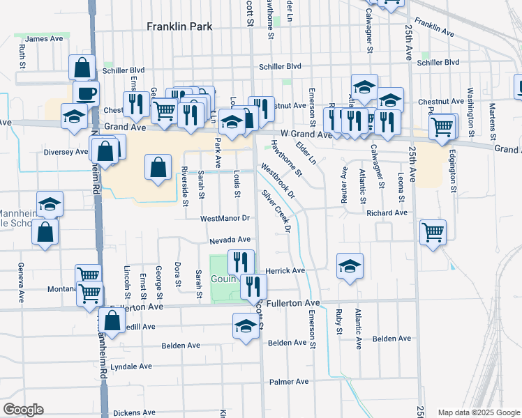 map of restaurants, bars, coffee shops, grocery stores, and more near 2625 Scott Street in Franklin Park