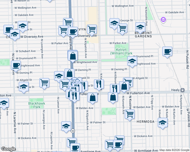 map of restaurants, bars, coffee shops, grocery stores, and more near 4618 West Altgeld Street in Chicago