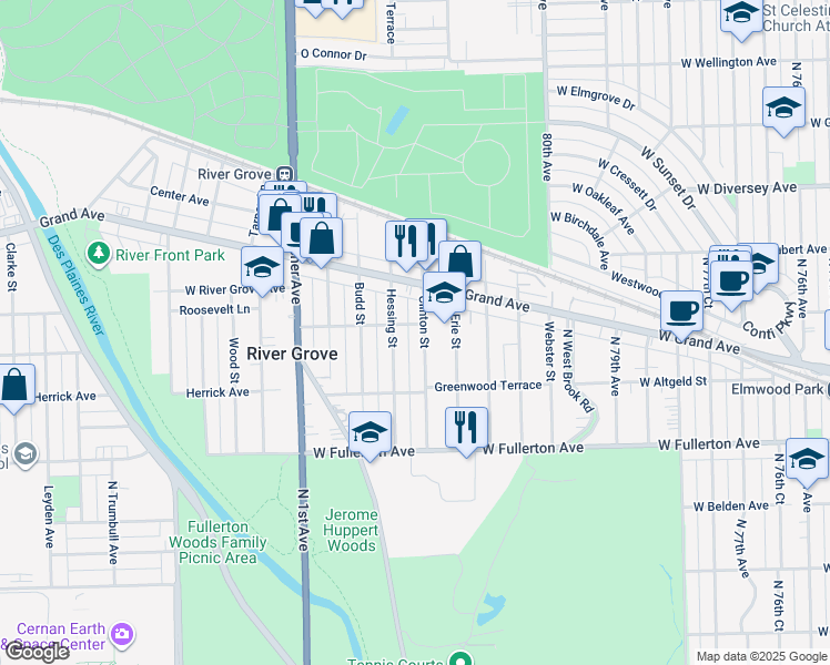 map of restaurants, bars, coffee shops, grocery stores, and more near 2560 Clinton Street in River Grove