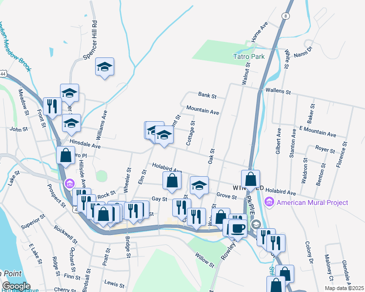 map of restaurants, bars, coffee shops, grocery stores, and more near 39 Wetmore Avenue in Winsted