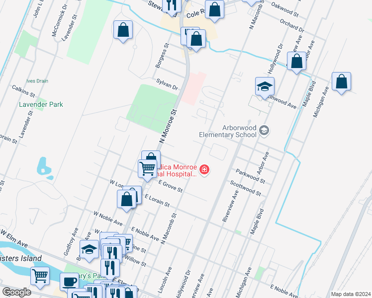 map of restaurants, bars, coffee shops, grocery stores, and more near 721 North Macomb Street in Monroe