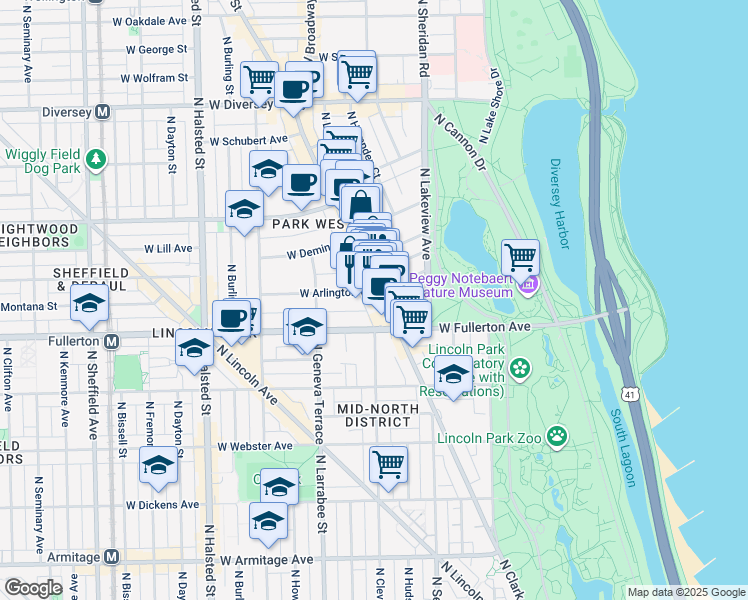 map of restaurants, bars, coffee shops, grocery stores, and more near 519 West Arlington Place in Chicago