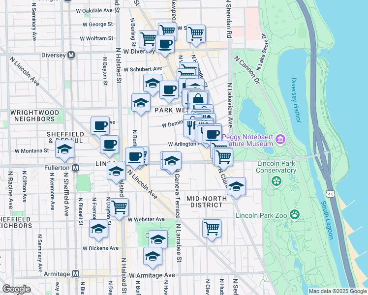 map of restaurants, bars, coffee shops, grocery stores, and more near 559 West Arlington Place in Chicago