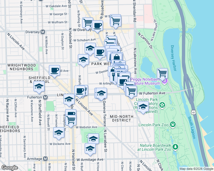 map of restaurants, bars, coffee shops, grocery stores, and more near 559 West Arlington Place in Chicago
