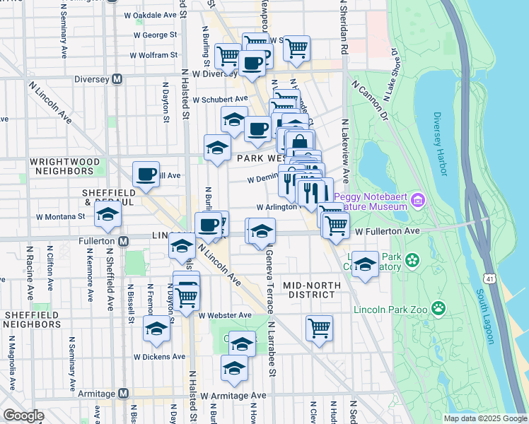 map of restaurants, bars, coffee shops, grocery stores, and more near 559 West Arlington Place in Chicago