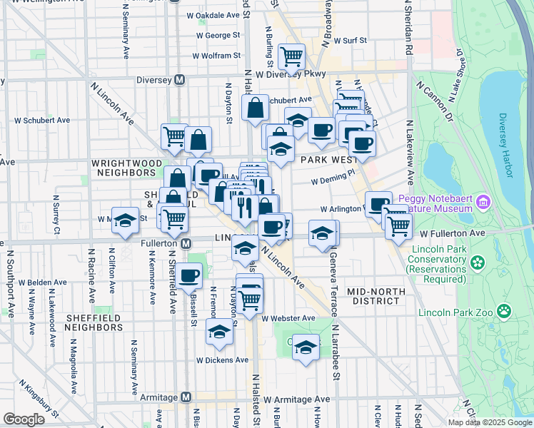 map of restaurants, bars, coffee shops, grocery stores, and more near 2434 North Burling Street in Chicago