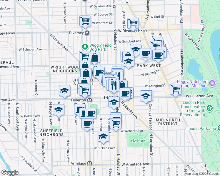 map of restaurants, bars, coffee shops, grocery stores, and more near 2431 North Lincoln Avenue in Chicago