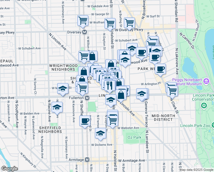 map of restaurants, bars, coffee shops, grocery stores, and more near 2431 North Lincoln Avenue in Chicago