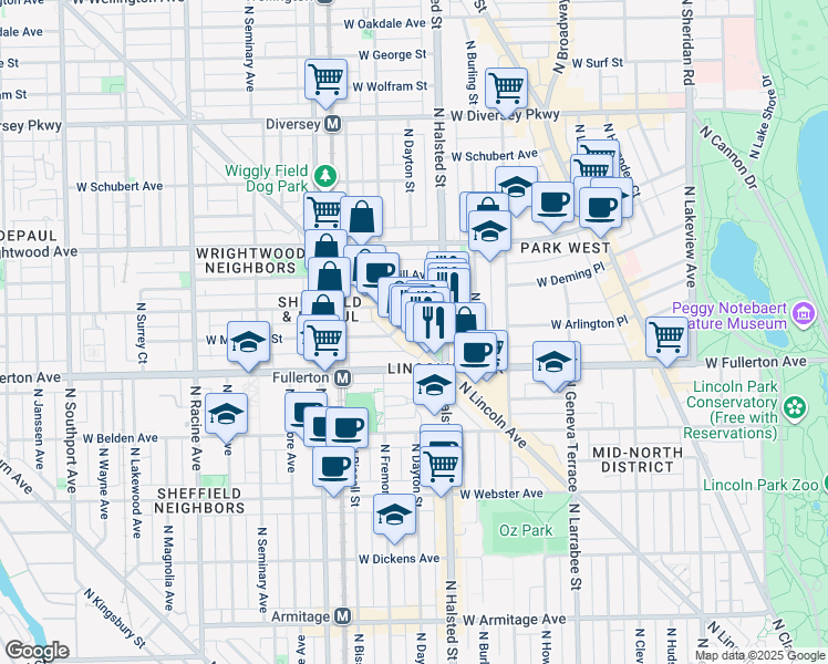 map of restaurants, bars, coffee shops, grocery stores, and more near 2431 North Lincoln Avenue in Chicago