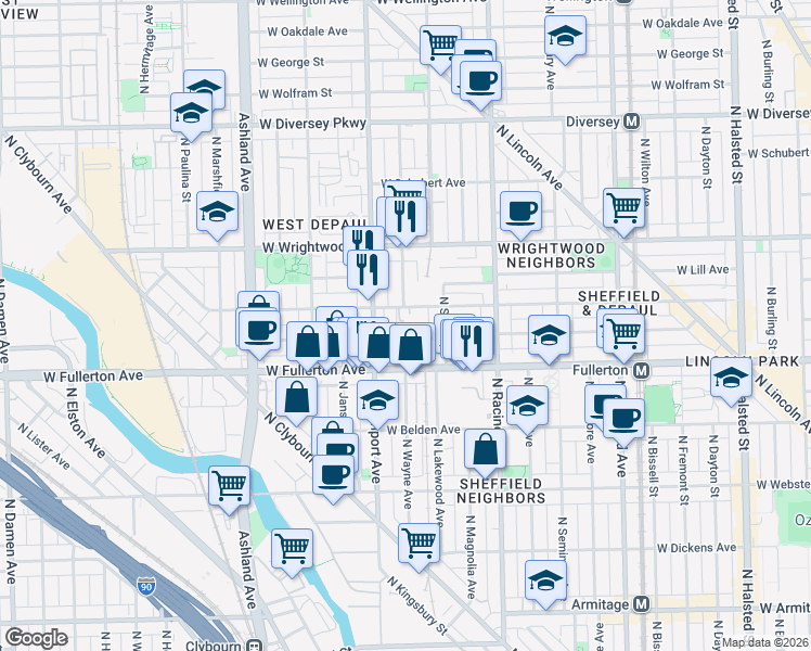map of restaurants, bars, coffee shops, grocery stores, and more near 1320 West Fullerton Avenue in Chicago