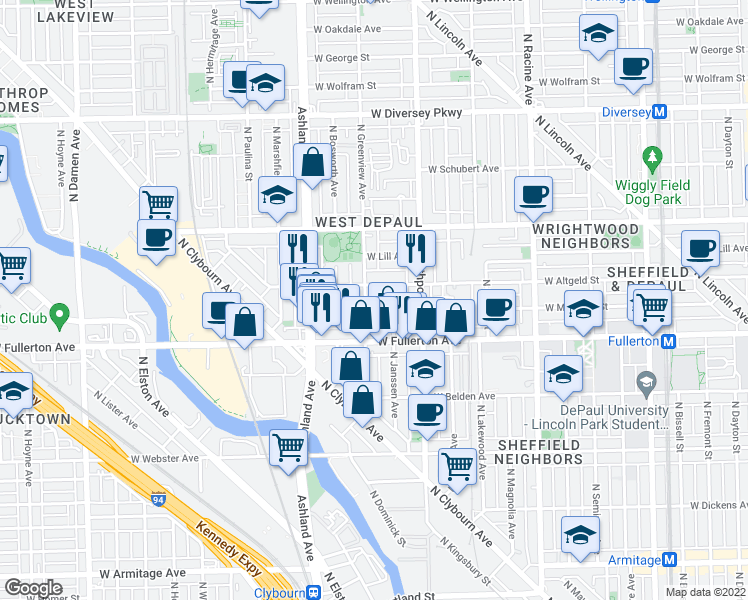 map of restaurants, bars, coffee shops, grocery stores, and more near 2442 North Greenview Avenue in Chicago