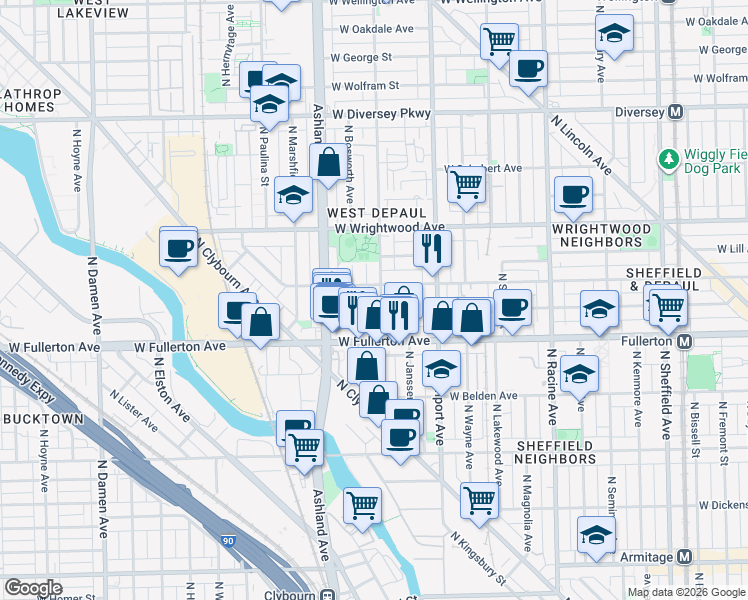 map of restaurants, bars, coffee shops, grocery stores, and more near 2442 North Greenview Avenue in Chicago