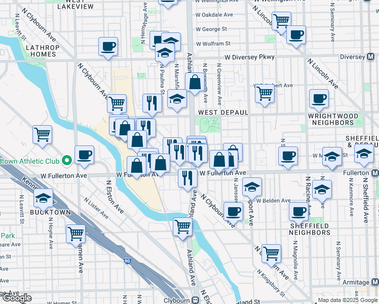 map of restaurants, bars, coffee shops, grocery stores, and more near 2439 North Marshfield Avenue in Chicago