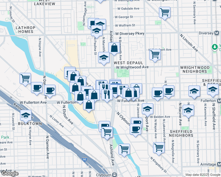 map of restaurants, bars, coffee shops, grocery stores, and more near 2439 North Marshfield Avenue in Chicago