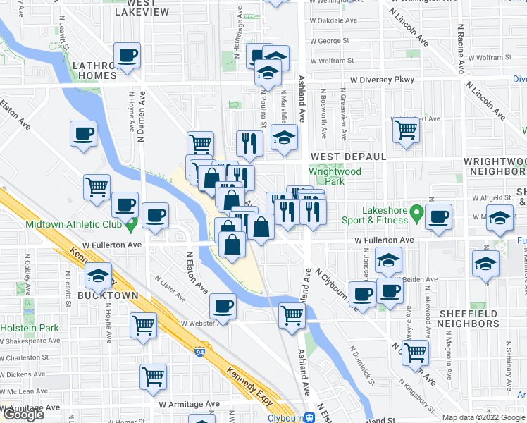 map of restaurants, bars, coffee shops, grocery stores, and more near 2449 North Clybourn Avenue in Chicago