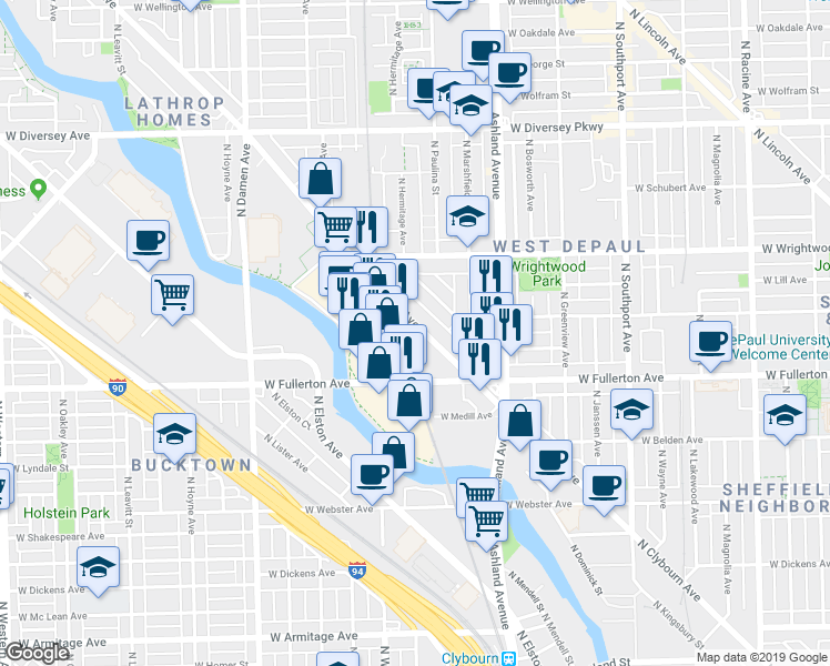 map of restaurants, bars, coffee shops, grocery stores, and more near 2472 North Clybourn Avenue in Chicago
