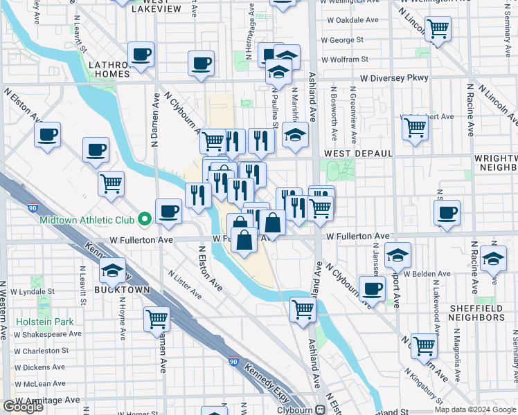 map of restaurants, bars, coffee shops, grocery stores, and more near 2472 North Clybourn Avenue in Chicago
