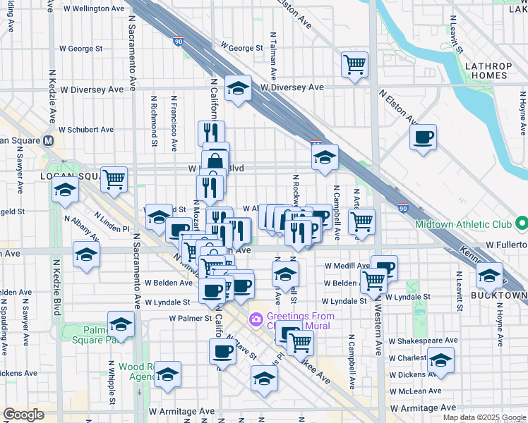 map of restaurants, bars, coffee shops, grocery stores, and more near 2651 West Altgeld Street in Chicago
