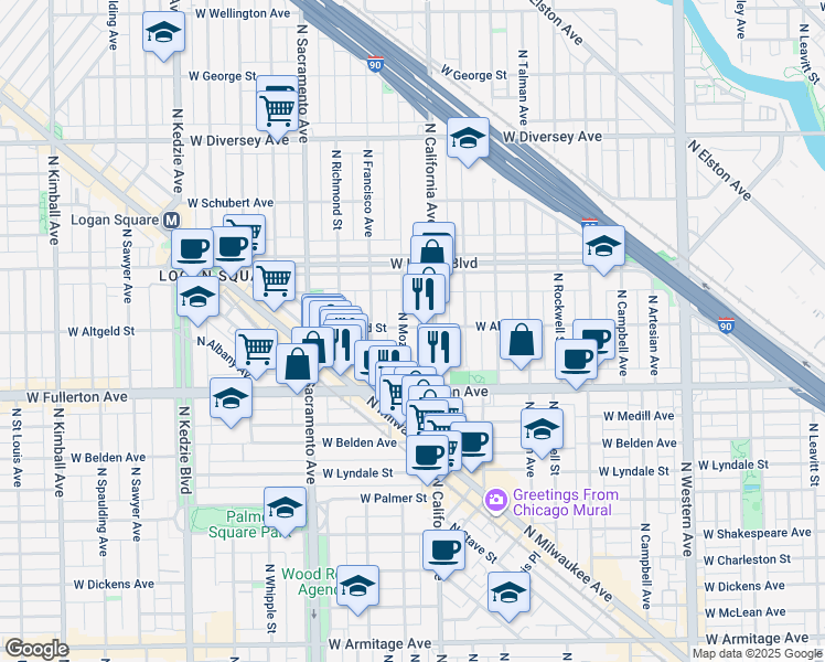 map of restaurants, bars, coffee shops, grocery stores, and more near 2456 North Mozart Street in Chicago