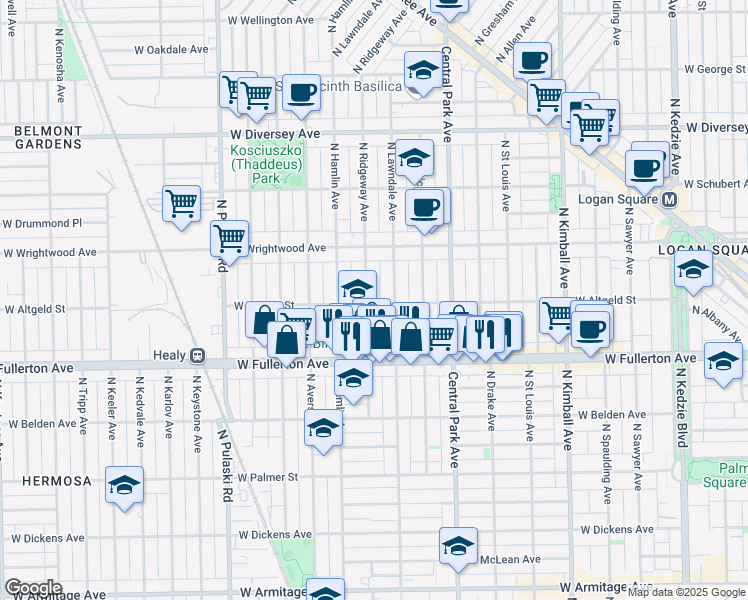 map of restaurants, bars, coffee shops, grocery stores, and more near 3710 West Altgeld Street in Chicago
