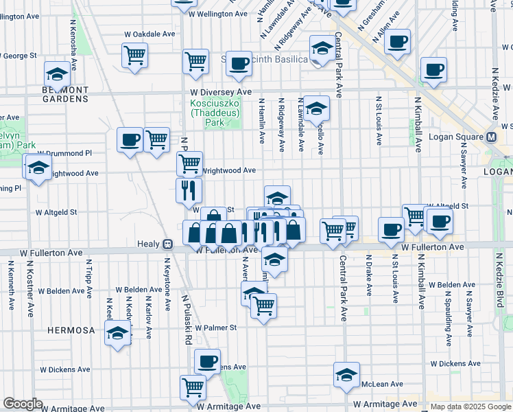 map of restaurants, bars, coffee shops, grocery stores, and more near 2503 North Avers Avenue in Chicago