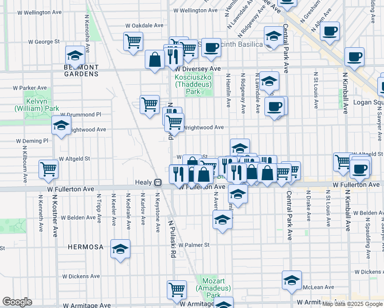 map of restaurants, bars, coffee shops, grocery stores, and more near 3906 West Altgeld Street in Chicago