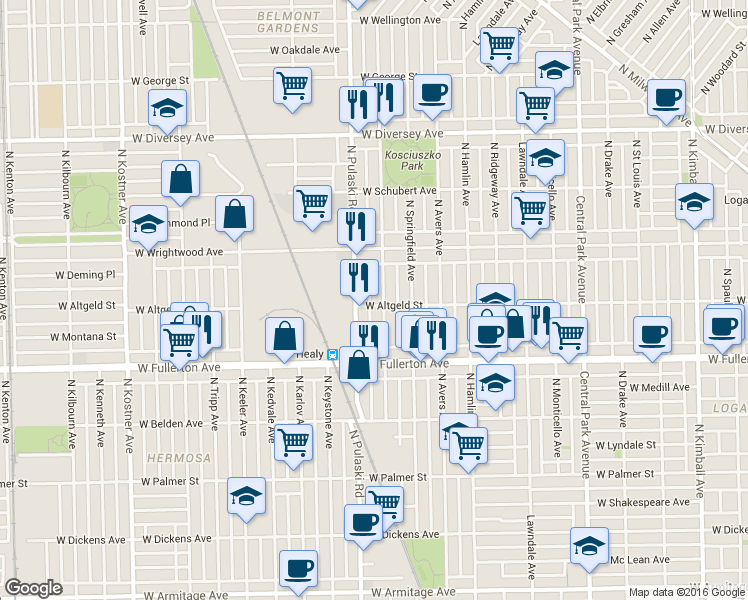 map of restaurants, bars, coffee shops, grocery stores, and more near 2500 North Harding Avenue in Chicago