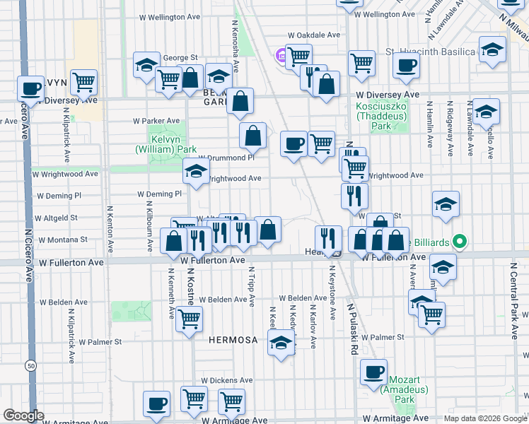 map of restaurants, bars, coffee shops, grocery stores, and more near 2504 North Keeler Avenue in Chicago
