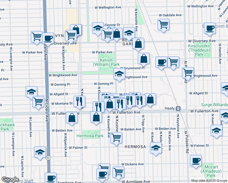 map of restaurants, bars, coffee shops, grocery stores, and more near 4400 West Altgeld Street in Chicago