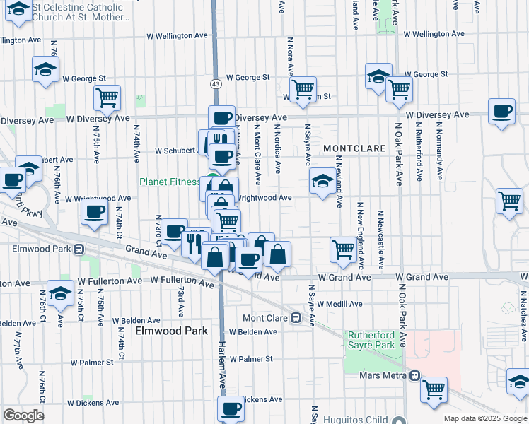 map of restaurants, bars, coffee shops, grocery stores, and more near 2540 North Mont Clare Avenue in Chicago