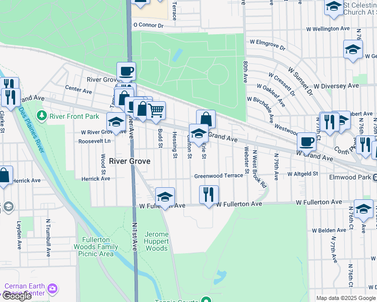 map of restaurants, bars, coffee shops, grocery stores, and more near 2560 Clinton Street in River Grove