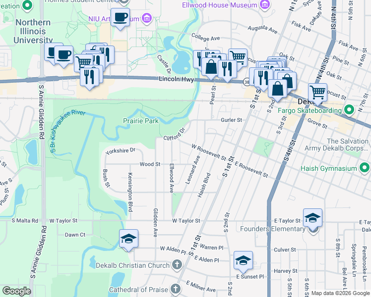 map of restaurants, bars, coffee shops, grocery stores, and more near 334 West Roosevelt Street in DeKalb