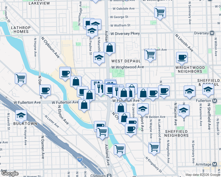 map of restaurants, bars, coffee shops, grocery stores, and more near 2419 North Ashland Avenue in Chicago