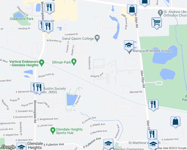 map of restaurants, bars, coffee shops, grocery stores, and more near 410 Gregory Avenue in Glendale Heights